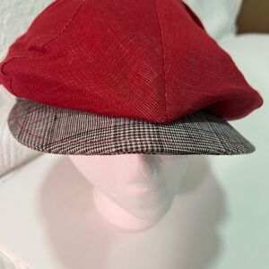 Red Newsboy Cap with Plaid Brim